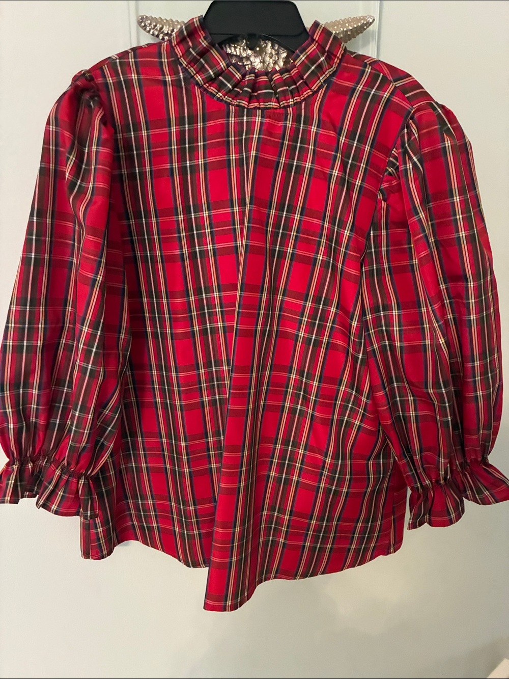 Red Plaid Ruffled Neck Long Sleeve Blouse
